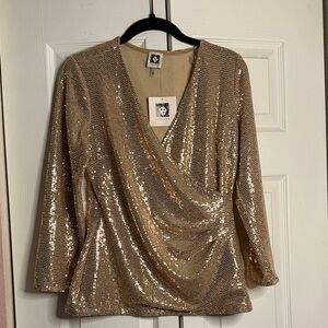 Anne Klein Sequin Wrap Top in Gold size S